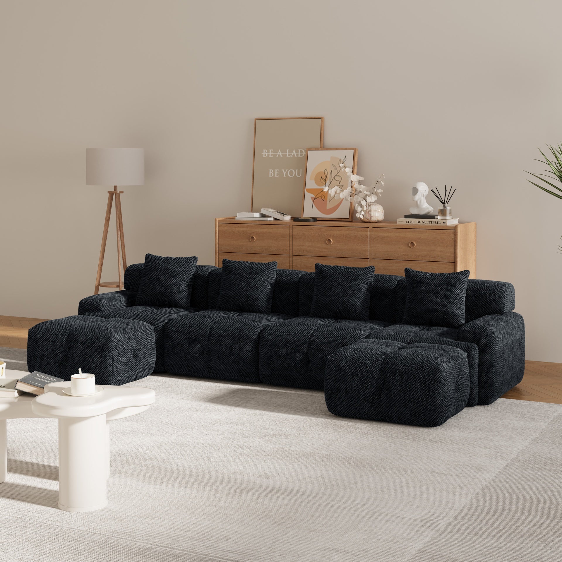 135.4" 6-Piece U-Shaped Sleeper Modular Sectional Sofa Bed Chaise Oversized 4-Seater Boneless Convertible Block Cloud Tufted Floor Corner Couch Set with 2 Ottomans & 4 Pillows for Living Room,Charcoal