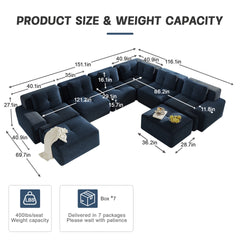 Modular Sectional Sofafor Living Room, 6-Seater Corner Sofa, Big Comfy Corduroy V Shaped Couch with 2 Movable Ottomans,Pearl-like piping, Tufted Design, No Assembly, Anti-slip Design,Blue
