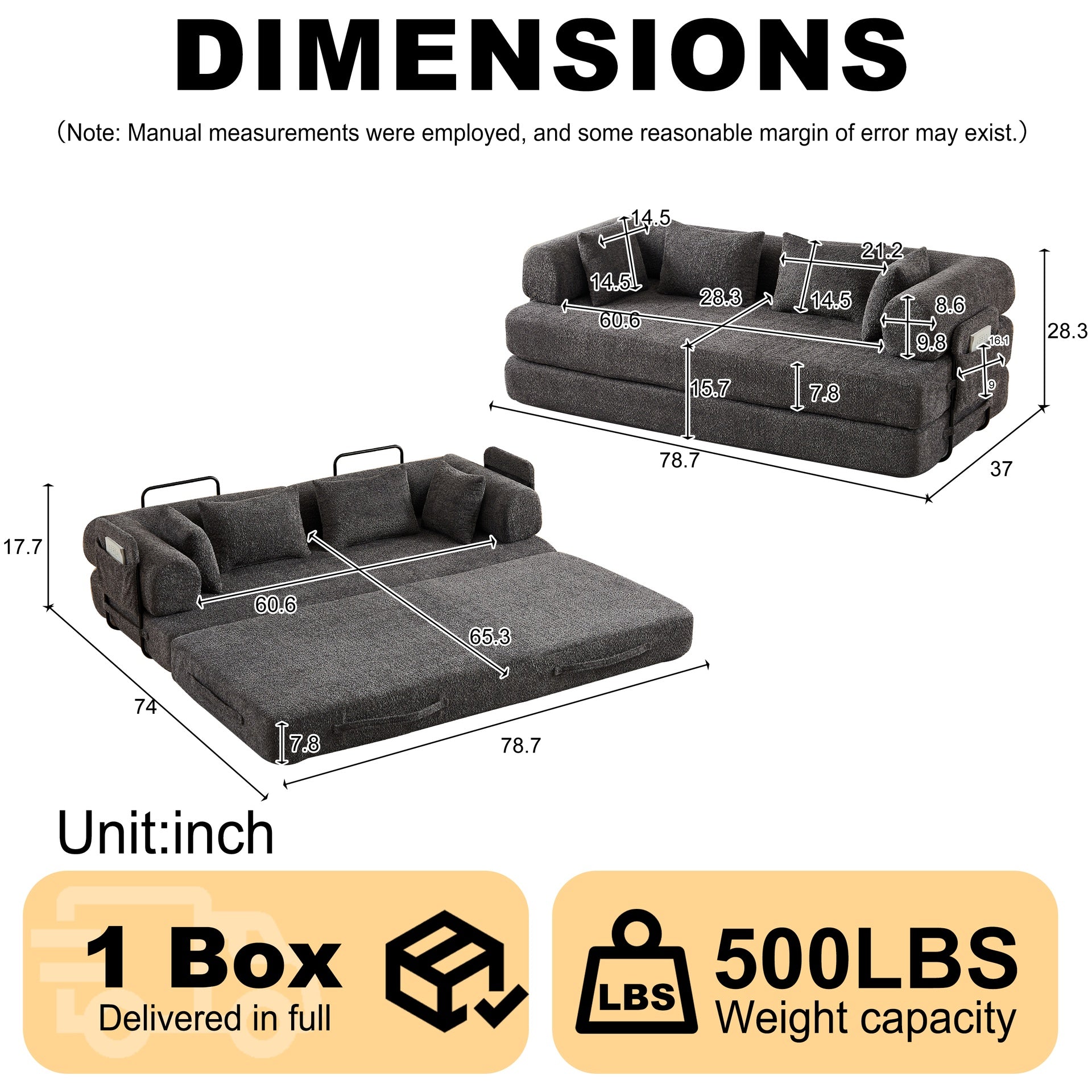 78.7-Inch Convertible Sleeper Sofa Bed with Cylindrical Pillow, Chenille Folding Mattress Couch with ,Folding Sofa Bed with Side Pocket, Floor Sofa Lounge Couch for Living Room Bedroom Lounge Studio