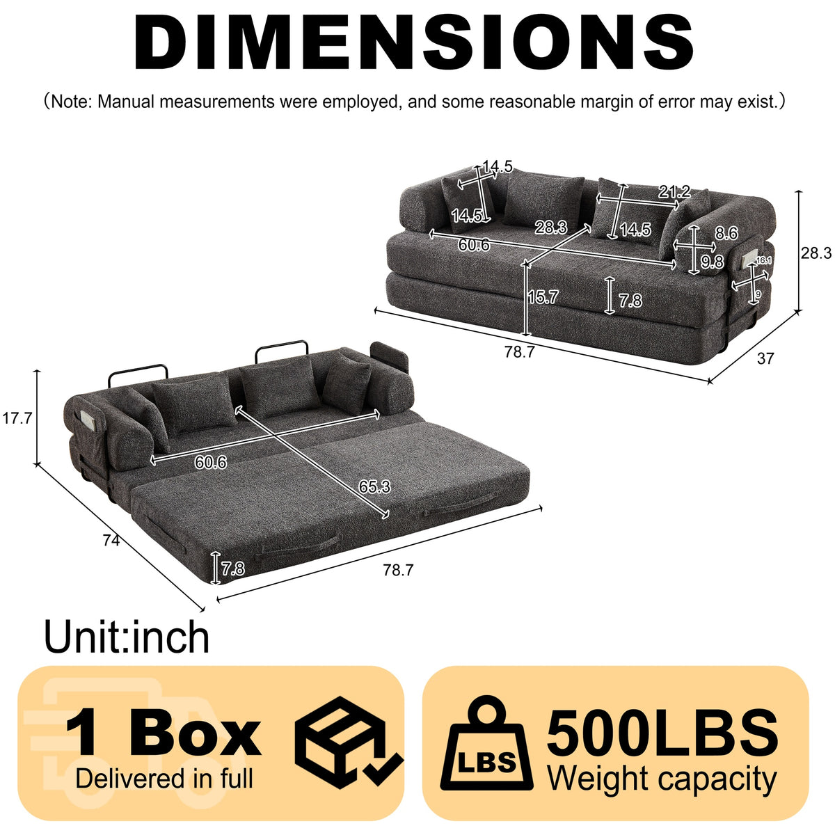 78.7-Inch Convertible Sleeper Sofa Bed with Cylindrical Pillow, Chenille Folding Mattress Couch with ,Folding Sofa Bed with Side Pocket, Floor Sofa Lounge Couch for Living Room Bedroom Lounge Studio