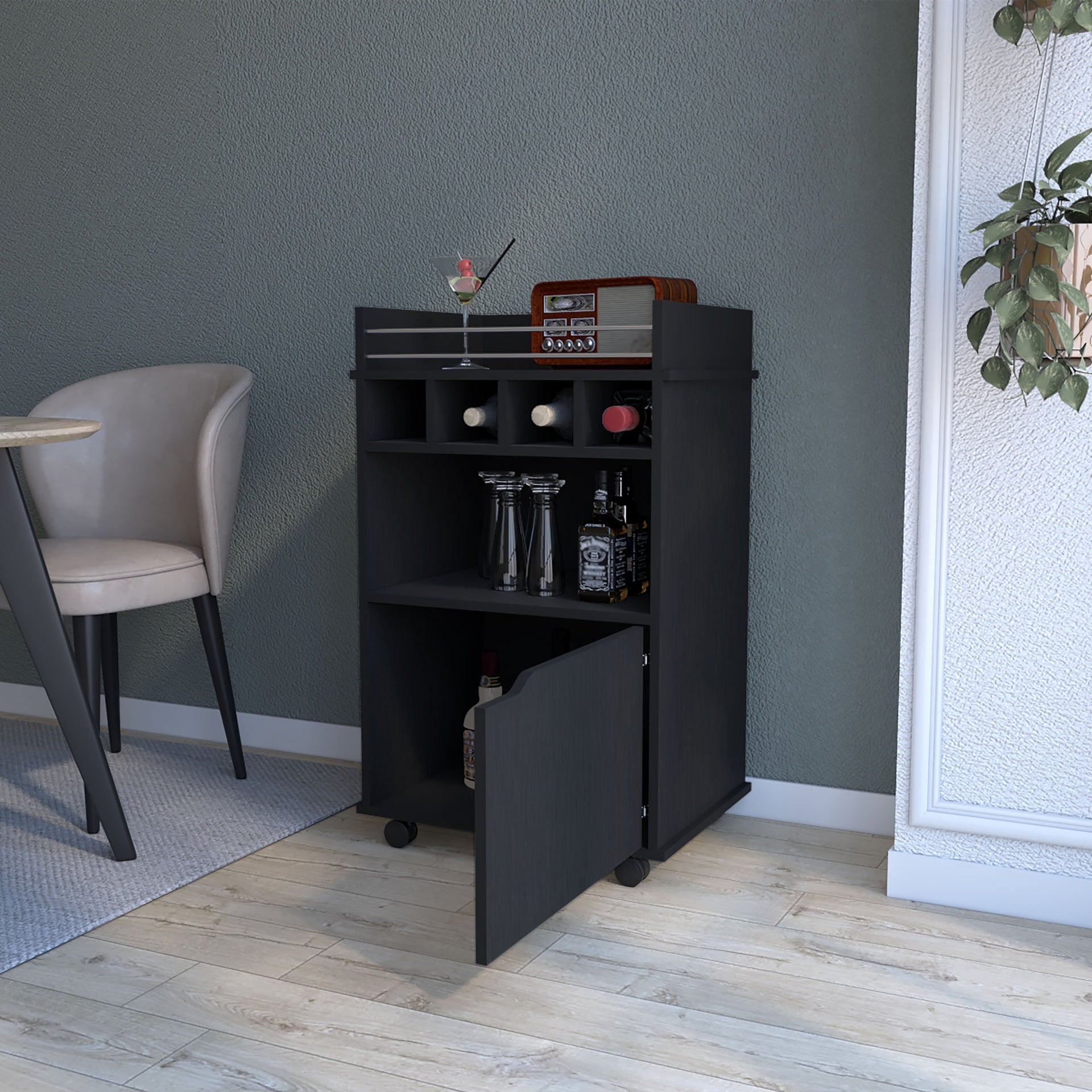 FM FURNITURE Crozier Bart Cart, with 1 shelf, 1 door and four built-in wine rack,black