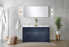 Navy Blue Double Bath Vanity 60 in. W x 20 in. D, White Quartz Top, Brushed Nickel Faucet Set and 55 in. Mirror