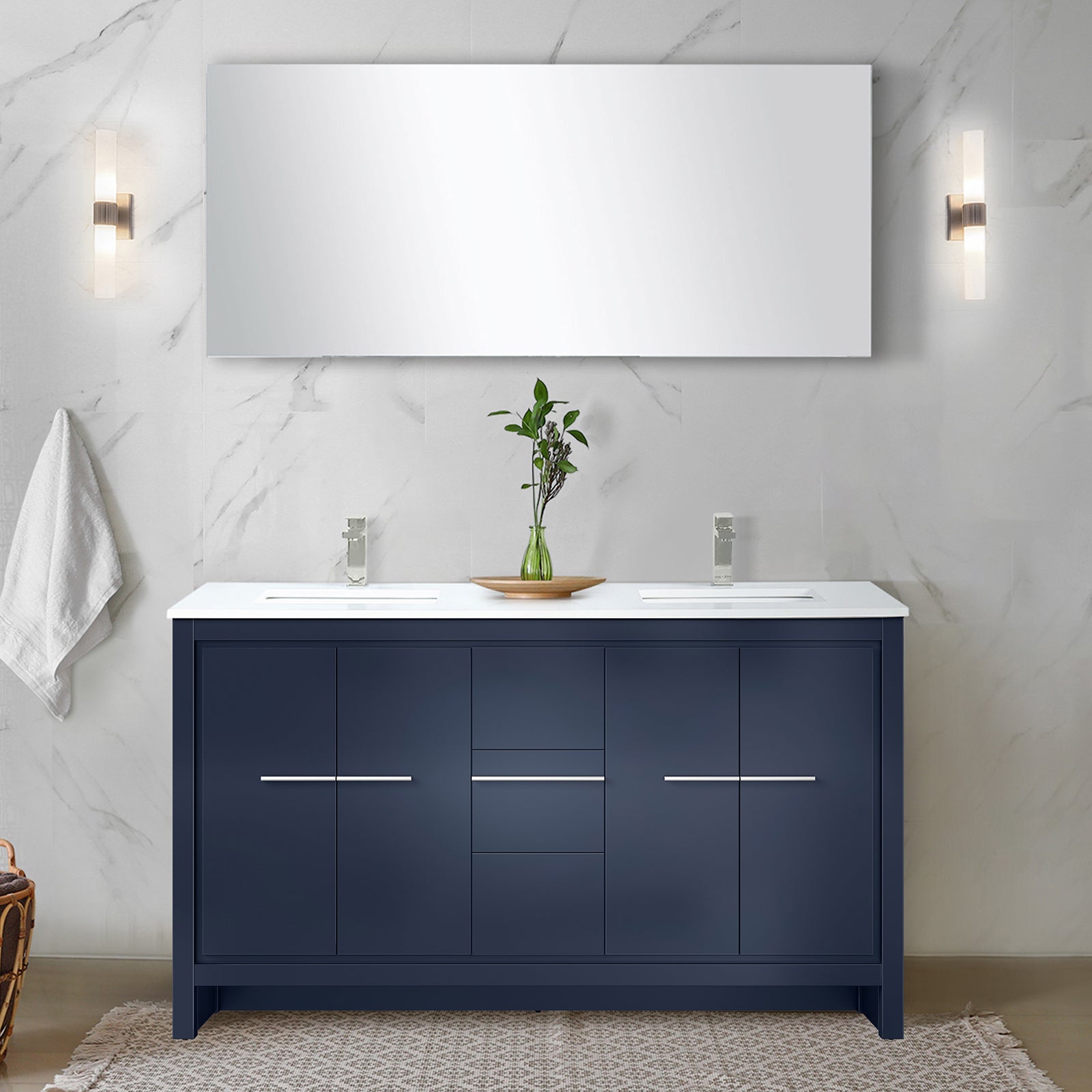 Navy Blue Double Bath Vanity 60 in. W x 20 in. D, White Quartz Top, Brushed Nickel Faucet Set and 55 in. Mirror