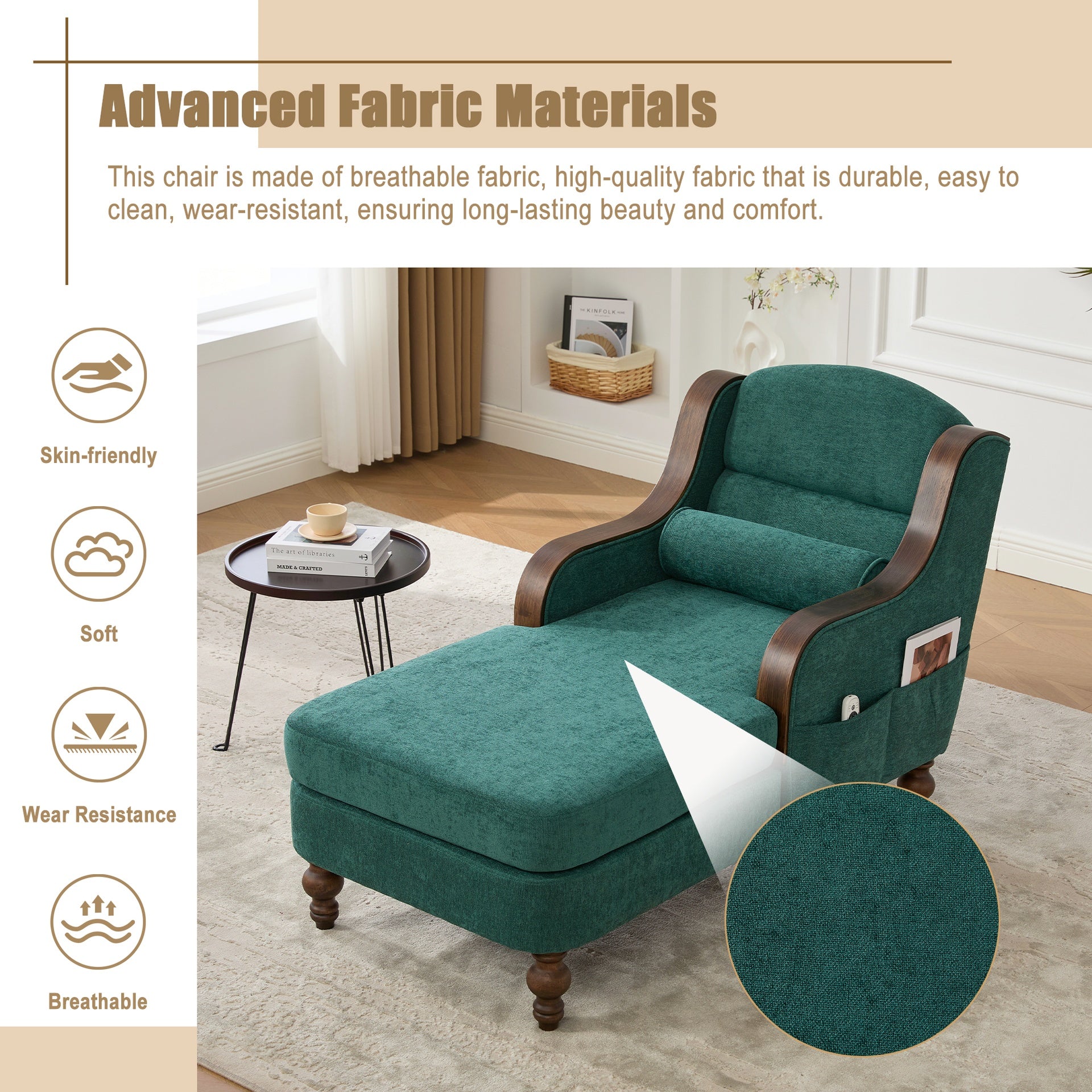 UNITED WE WIN Oversized Chaise Lounge Indoor,Fabric Single Sofa Bed with Wide Seat,Upholstered Lazy Sleeper Armchair,Reading Couch Set for Living Room,Bedroom