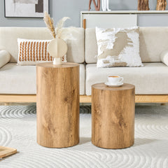 Modern Minimalist Set of Two Wood color Cylinder Marble-Patterned MDF Coffee Tables.The cylindrical table with its patterned design can be easily integrated into a variety of interior styles.