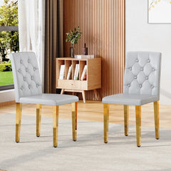 2-piece set of light grey PU dining chairs: ergonomically designed buckle backrest, 35 inches high, gold metal legs, combining comfort and texture.Suitable for family restaurants, banquet hall, etc.