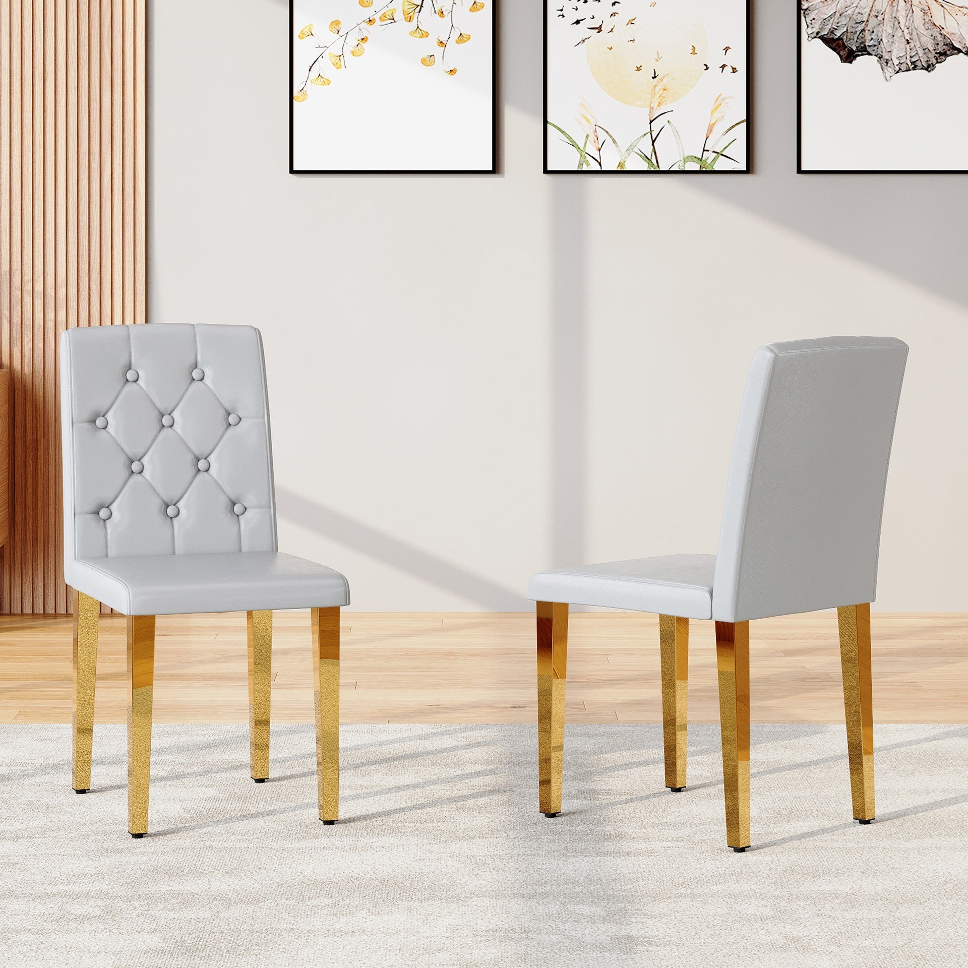 2-piece set of light grey PU dining chairs: ergonomically designed buckle backrest, 35 inches high, gold metal legs, combining comfort and texture.Suitable for family restaurants, banquet hall, etc.
