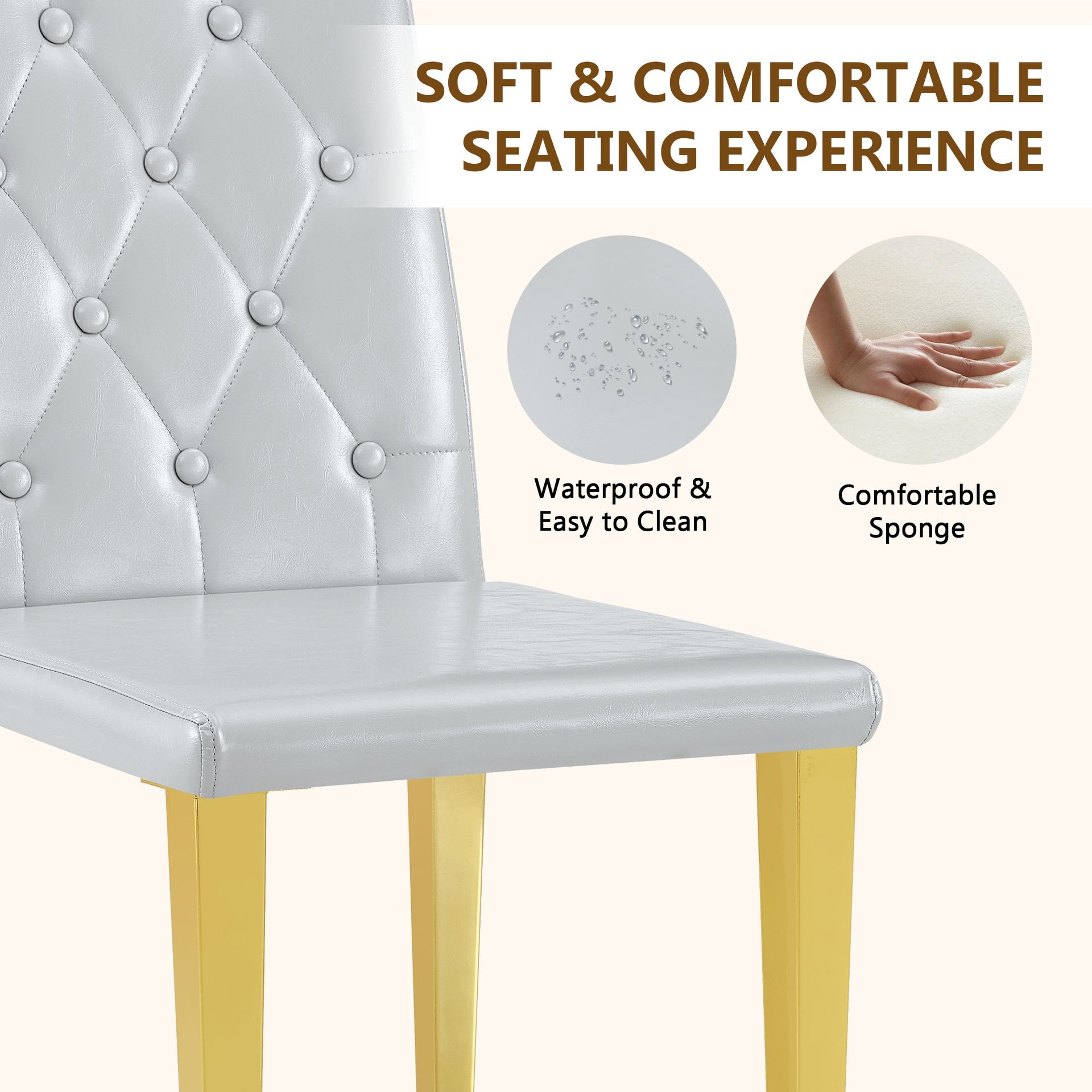2-piece set of light grey PU dining chairs: ergonomically designed buckle backrest, 35 inches high, gold metal legs, combining comfort and texture.Suitable for family restaurants, banquet hall, etc.