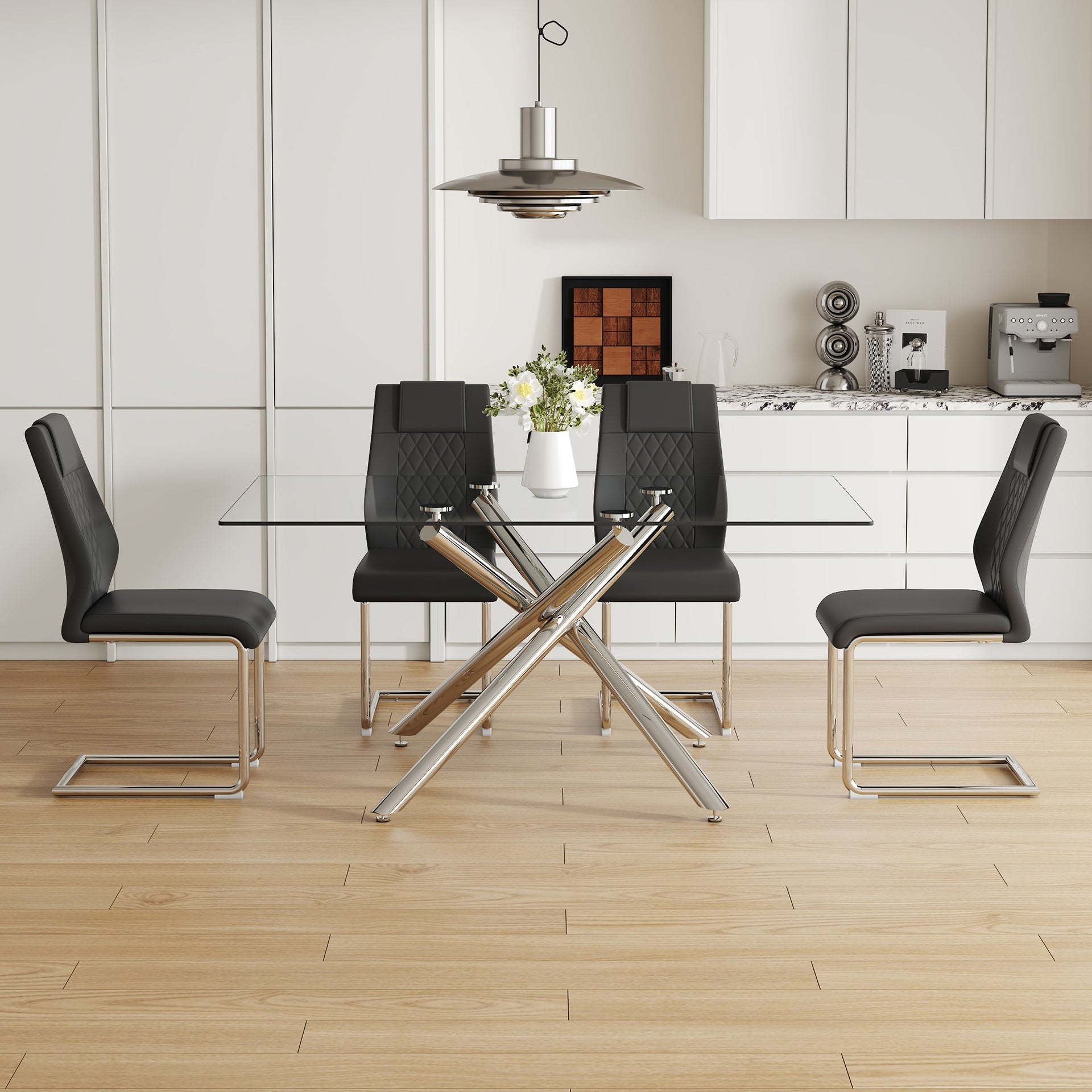 Table and chair set.Modern Luxurious Transparent Tempered Glass Dining Table Set with 4 Chairs.Single Fork Silver Metal Table Legs.Black high-quality PU dining chairs with silver metal legs.