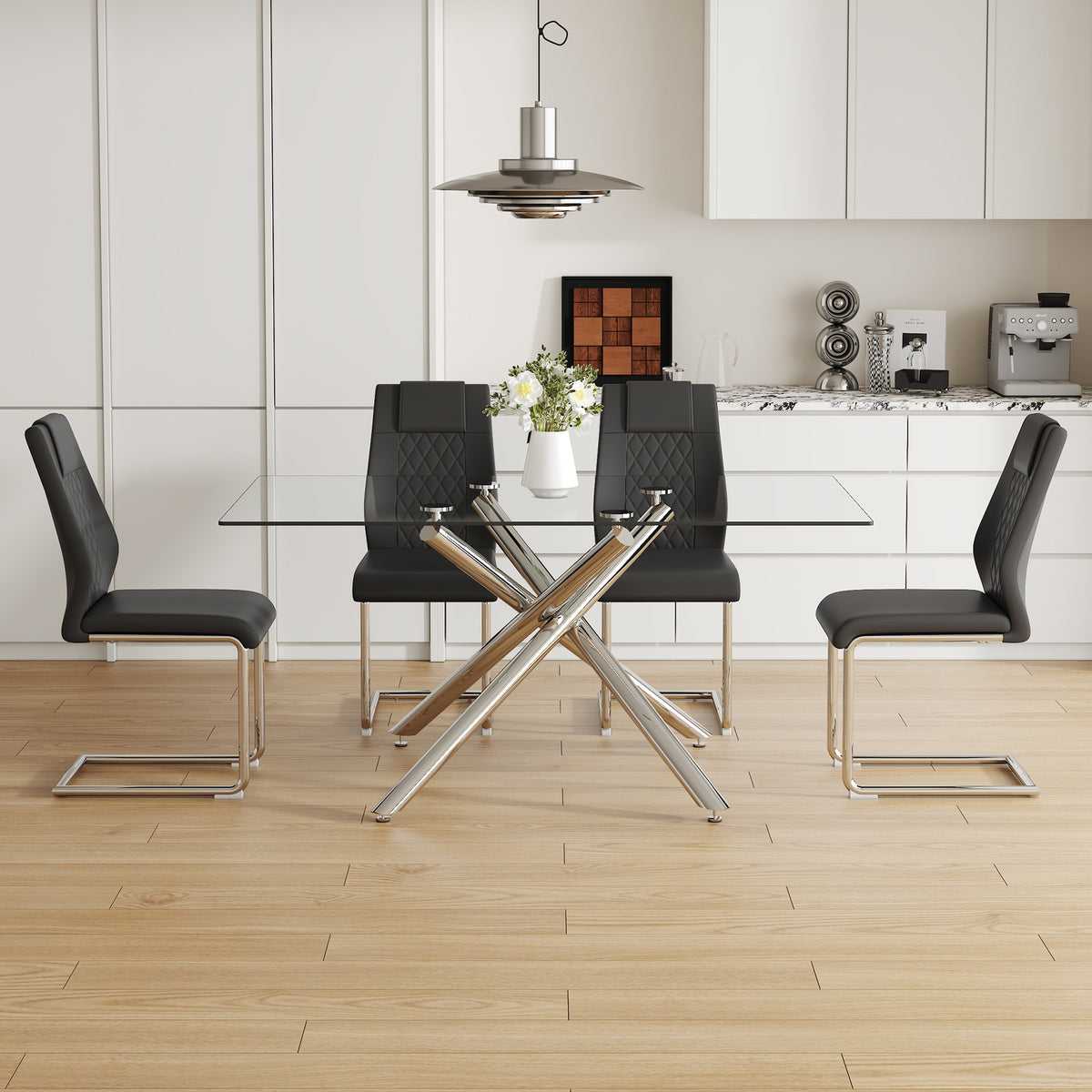 Table and chair set.Modern Luxurious Transparent Tempered Glass Dining Table Set with 4 Chairs.Single Fork Silver Metal Table Legs.Black high-quality PU dining chairs with silver metal legs.