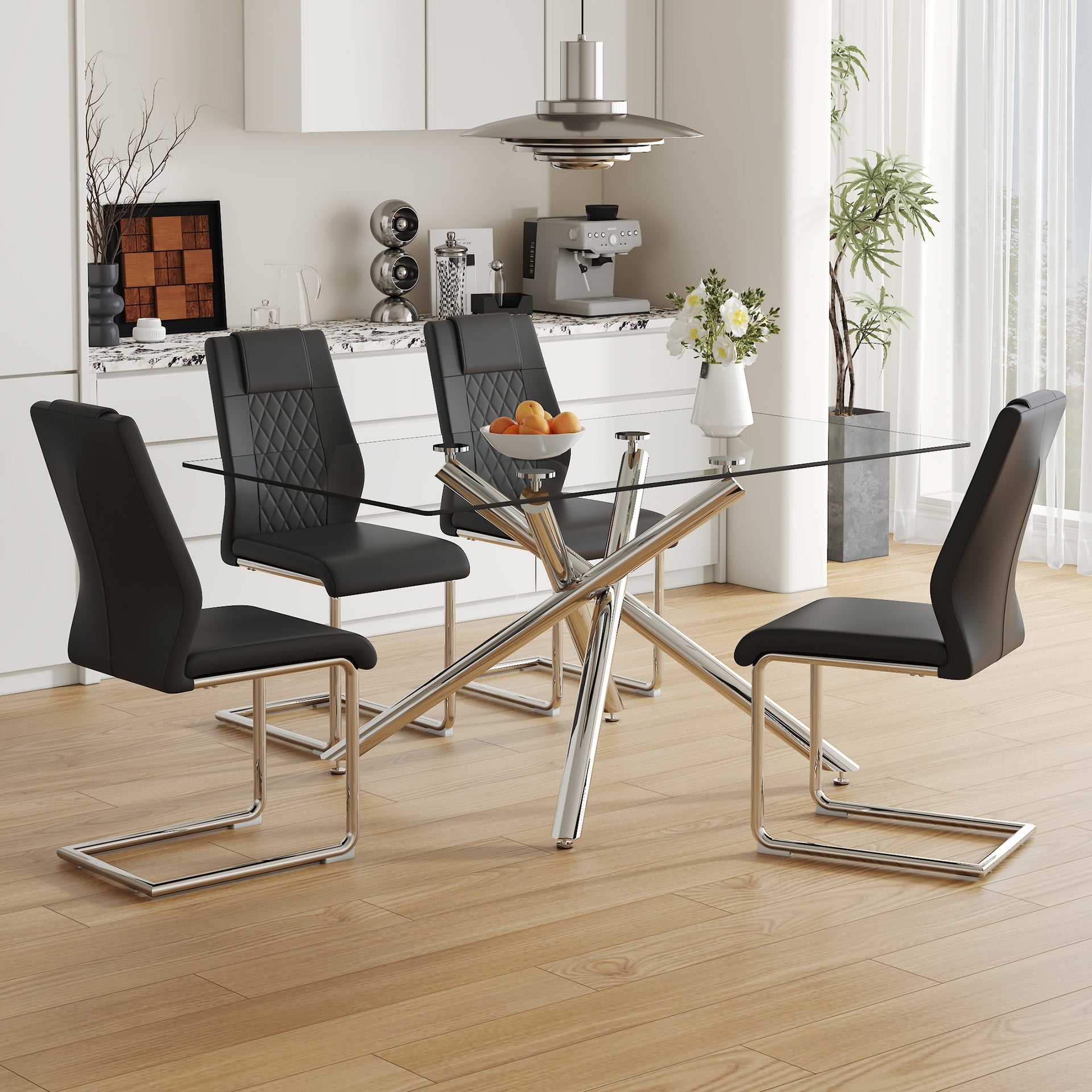 Table and chair set.Modern Luxurious Transparent Tempered Glass Dining Table Set with 4 Chairs.Single Fork Silver Metal Table Legs.Black high-quality PU dining chairs with silver metal legs.