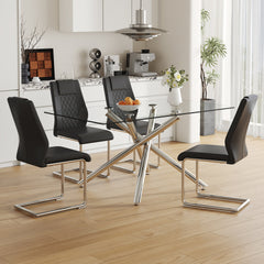 Table and chair set.Modern Luxurious Transparent Tempered Glass Dining Table Set with 4 Chairs.Single Fork Silver Metal Table Legs.Black high-quality PU dining chairs with silver metal legs.
