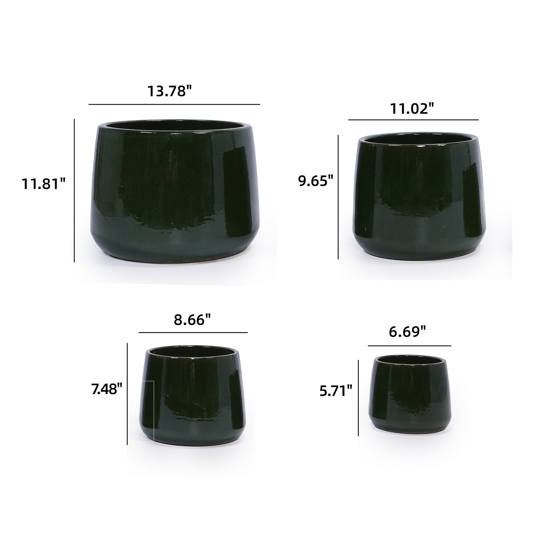 Handmade Solid Glazed Ceramic Planter Set of 4, 14/11/9/7 Inch Diameter, Deep Green, for Succulents and Cacti, Outdoor Garden & Indoor Stairs Use, Breathable Clay with Drainage Holes