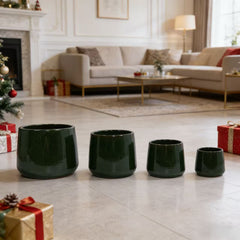 Handmade Solid Glazed Ceramic Planter Set of 4, 14/11/9/7 Inch Diameter, Deep Green, for Succulents and Cacti, Outdoor Garden & Indoor Stairs Use, Breathable Clay with Drainage Holes