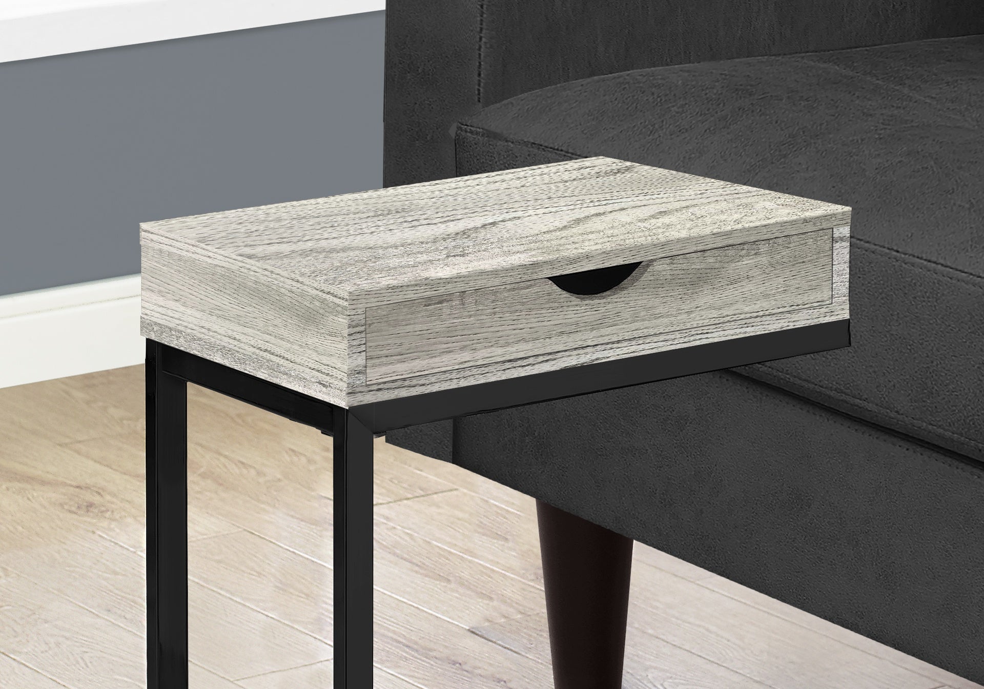 Accent Table, C-shaped, End, Side, Snack, Storage Drawer, Living Room, Bedroom, Grey Laminate, Black Metal, Contemporary, Modern