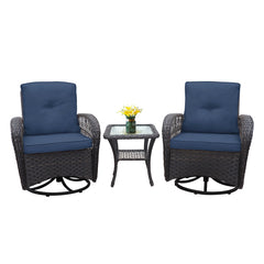 3 Pieces Conversation Set, Outdoor Wicker Rocker Swivel  Patio Bistro Set,  Rocking Chair with Glass Top Side Table,Navy Blue