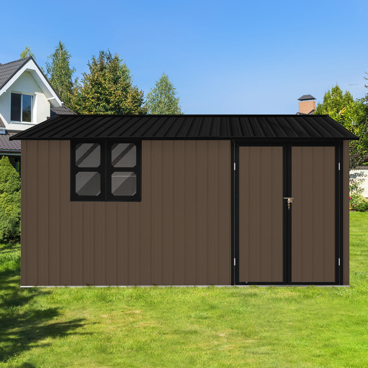 Metal garden sheds 12ftx10ft outdoor storage sheds brown with window with Goods Shelves