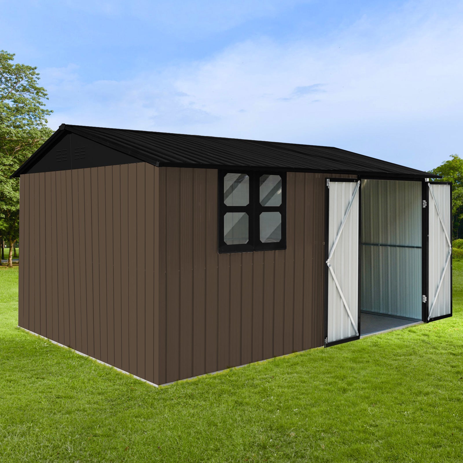 Metal garden sheds 12ftx10ft outdoor storage sheds brown with window with Goods Shelves