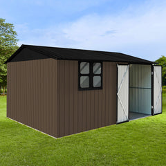 Metal garden sheds 12ftx10ft outdoor storage sheds brown with window with Goods Shelves
