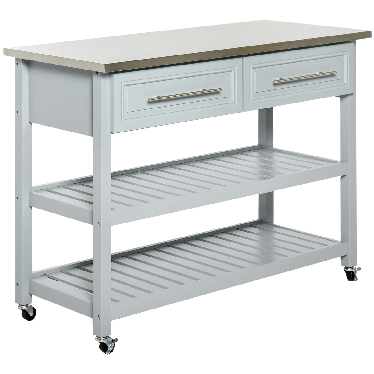 HOMCOM Kitchen Island with Stainless Steel Top, Traditional Kitchen Island with Storage, 2-Tier Open Shelves, Drawers, Light Gray