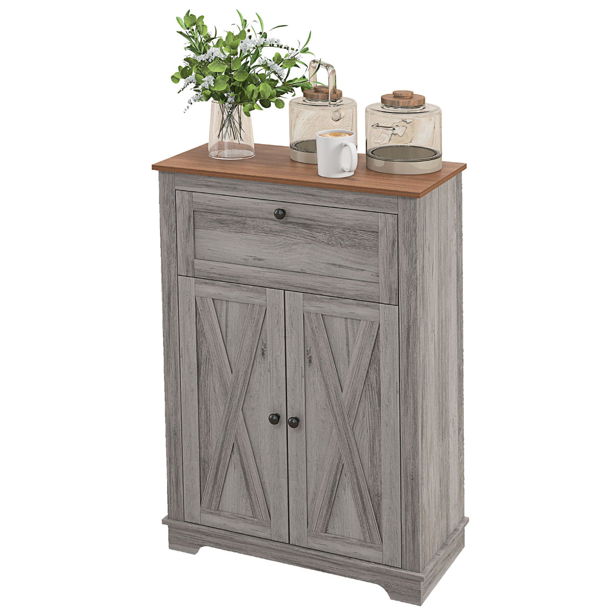 HOMCOM Farmhouse Barn Door Accent Cabinet, Kitchen Sideboard Storage Cabinet with Double Doors, Drawer, and Adjustable Shelf for Bedroom, Living Room, Gray