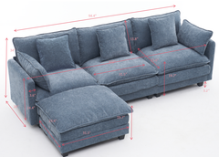 blue color  3-seat combo sofa with storage ottoman for living room apartment bedroom and compact room, Upholstered sectional Couch, L Shaped Bench with ottoman