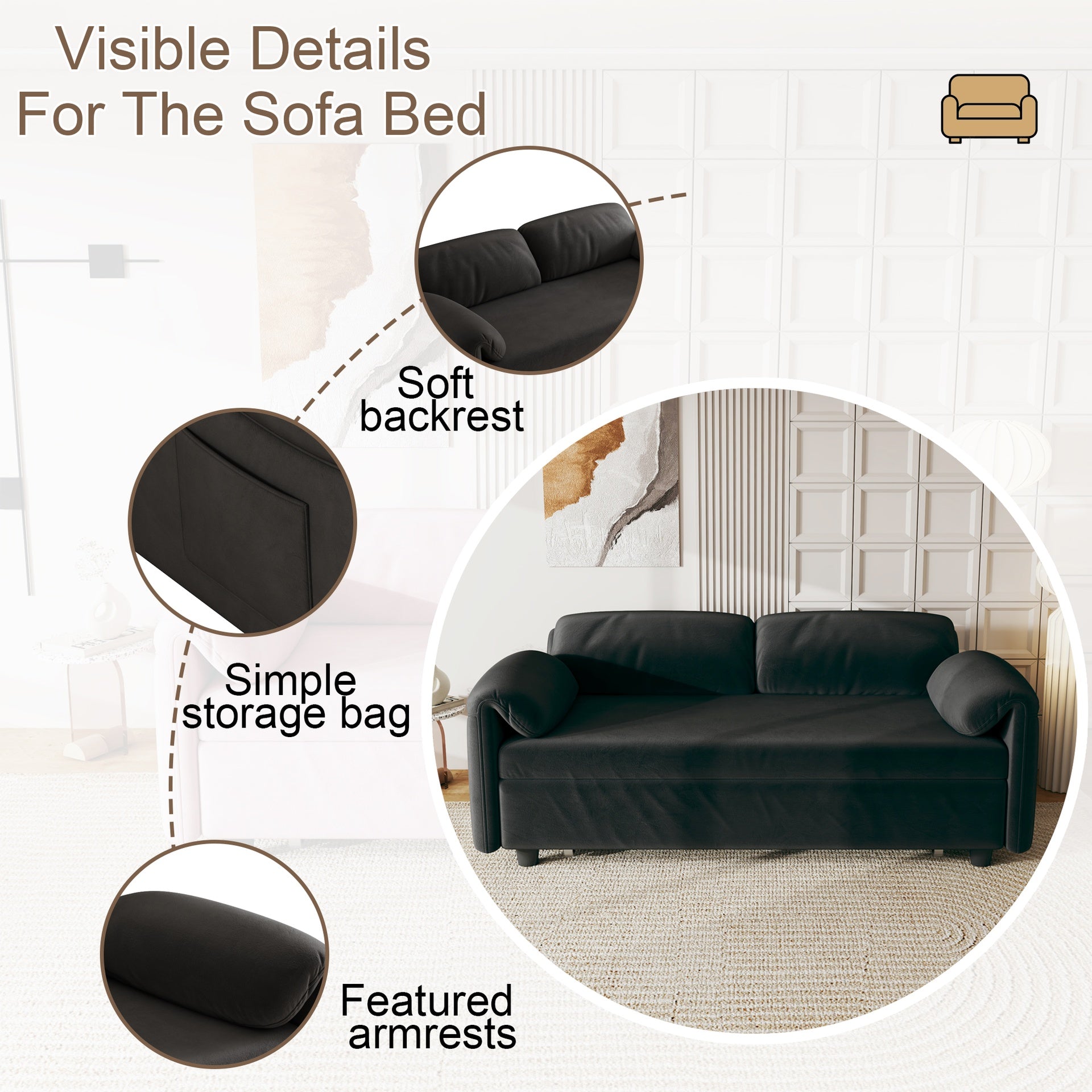 Sofa Centric Design: 54-Inch Velvet Sofa Bed with Dual Purpose - A Stylish Black Retractable Bed for Your Living Room