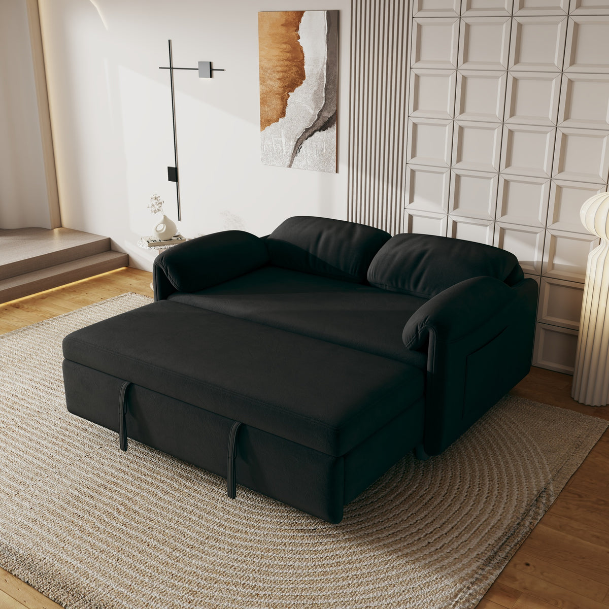 Sofa Centric Design: 54-Inch Velvet Sofa Bed with Dual Purpose - A Stylish Black Retractable Bed for Your Living Room