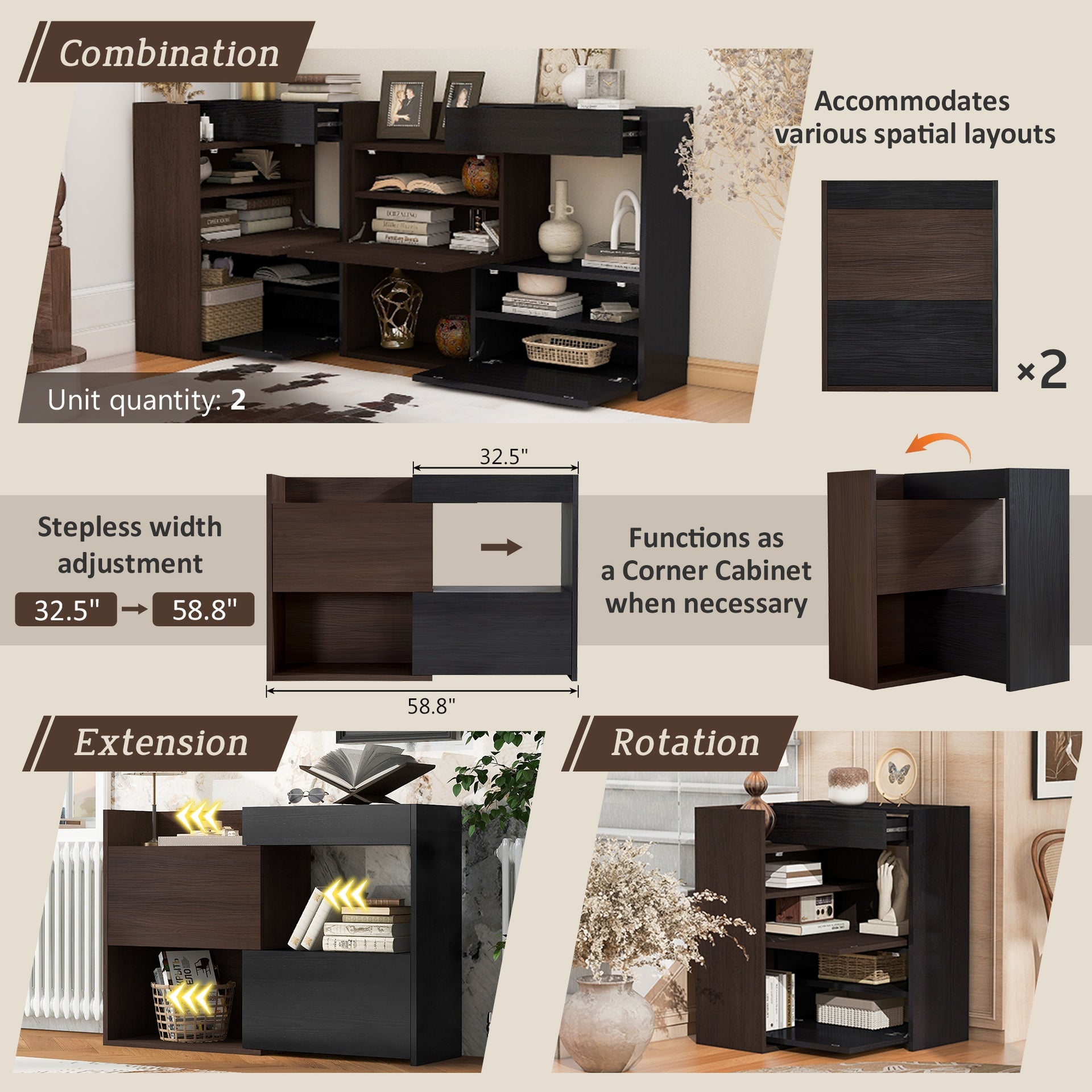 Set of 2, 32.5''-58.8''W Multifuctional Storage Cabinet, Buffet Sideboard with Drawer, Corner Cabinet for 44''H Window decor, Livingroom, Hallway, Entryway, Kitchen & Office  - Black&Walnut