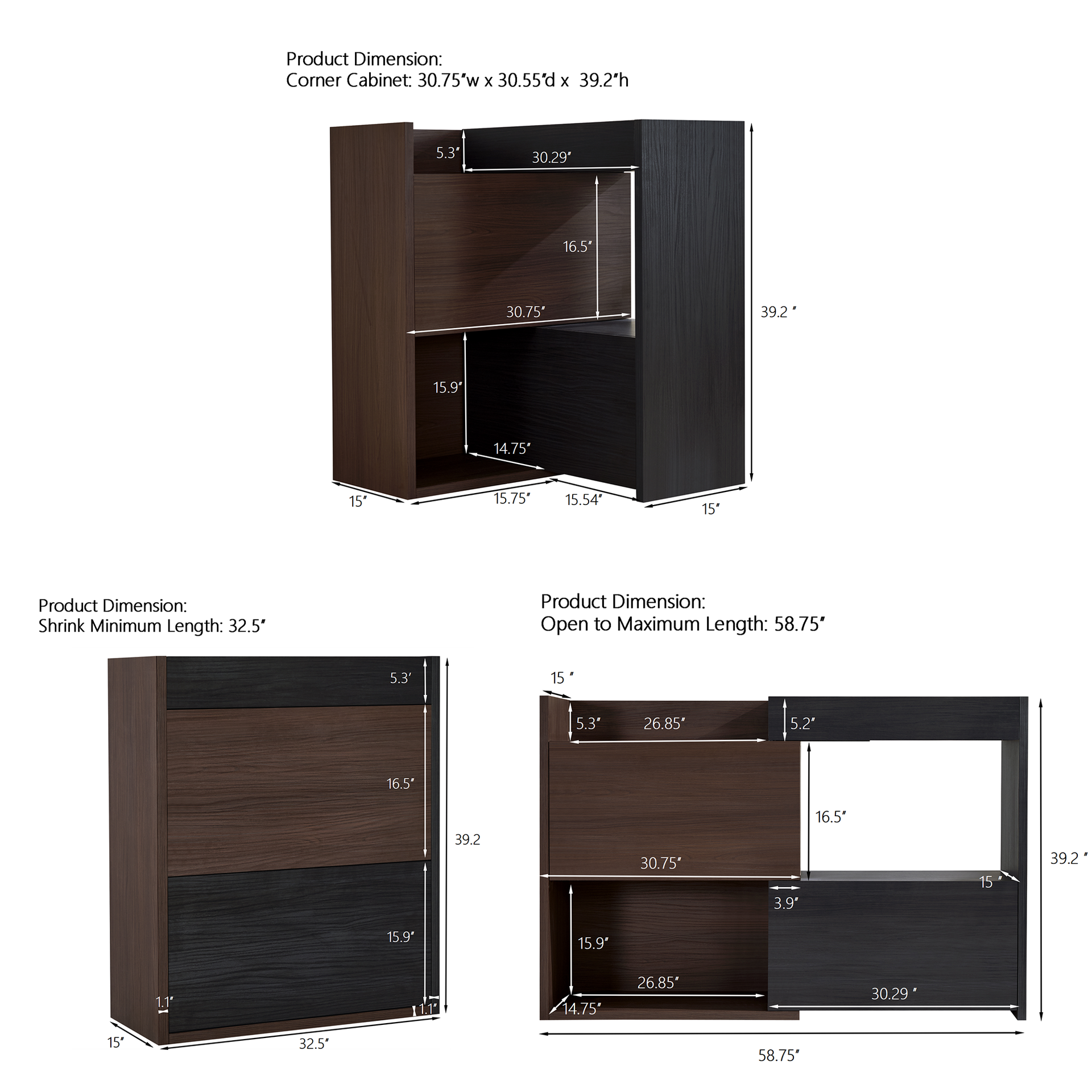 Set of 2, 32.5''-58.8''W Multifuctional Storage Cabinet, Buffet Sideboard with Drawer, Corner Cabinet for 44''H Window decor, Livingroom, Hallway, Entryway, Kitchen & Office  - Black&Walnut