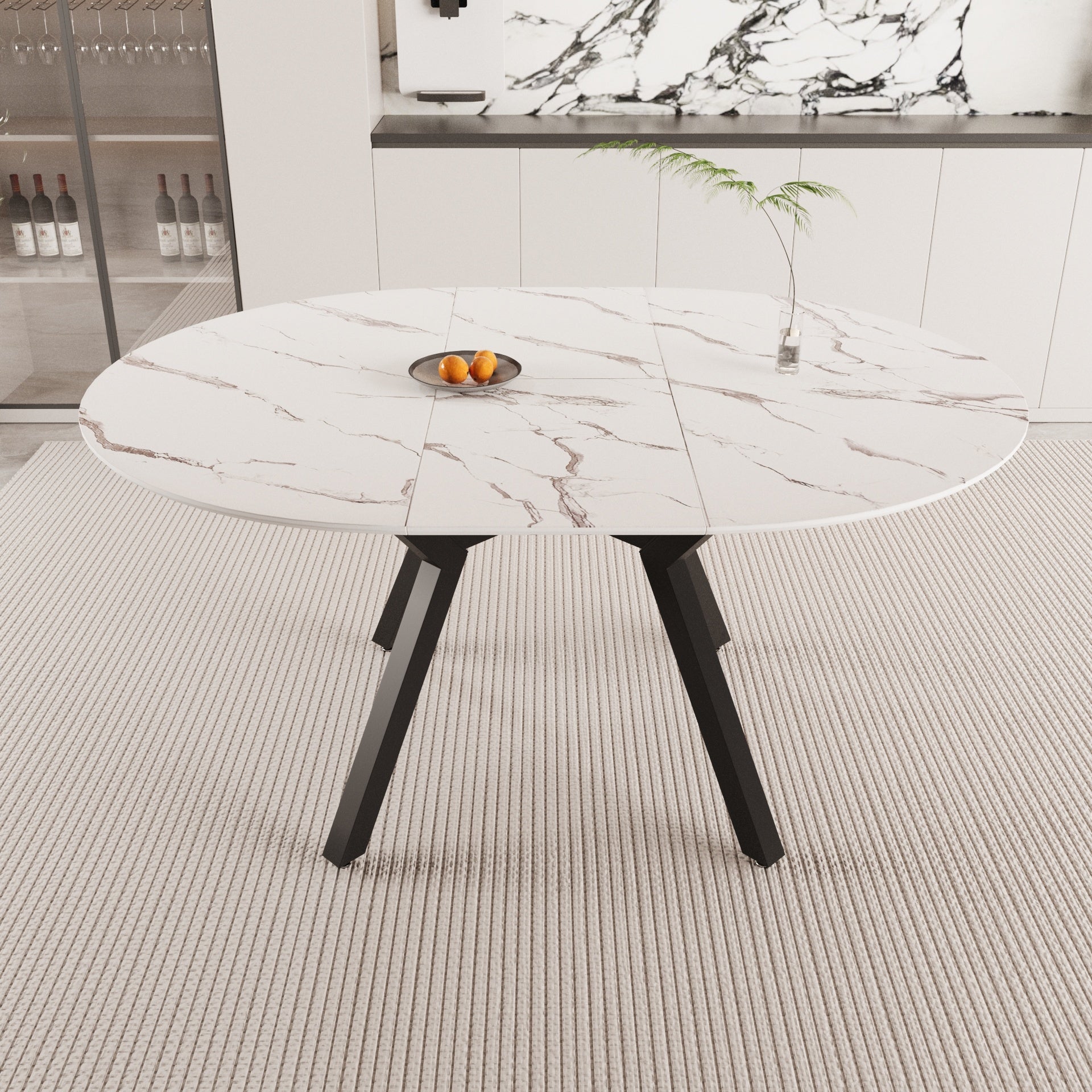 47-63 " extendable white circular dining table, 4-6 person kitchen dining table, modern coffee table with MDF tabletop and metal legs, suitable for kitchen&home