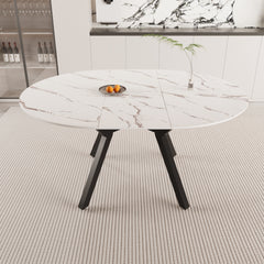 47-63 " extendable white circular dining table, 4-6 person kitchen dining table, modern coffee table with MDF tabletop and metal legs, suitable for kitchen&home