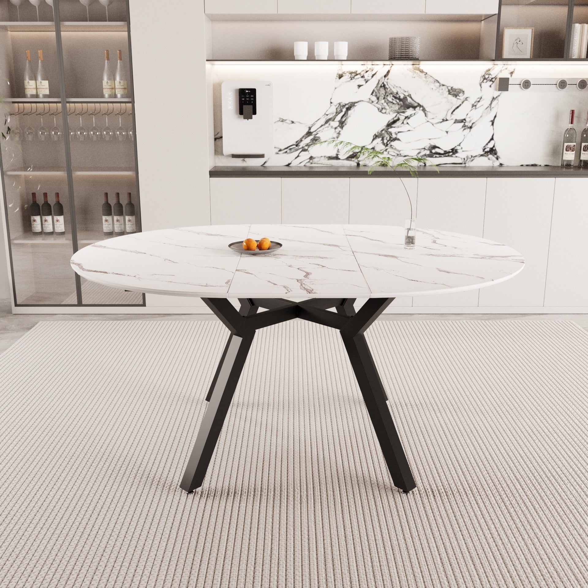 47-63 " extendable white circular dining table, 4-6 person kitchen dining table, modern coffee table with MDF tabletop and metal legs, suitable for kitchen&home