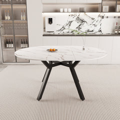 47-63 " extendable white circular dining table, 4-6 person kitchen dining table, modern coffee table with MDF tabletop and metal legs, suitable for kitchen&home