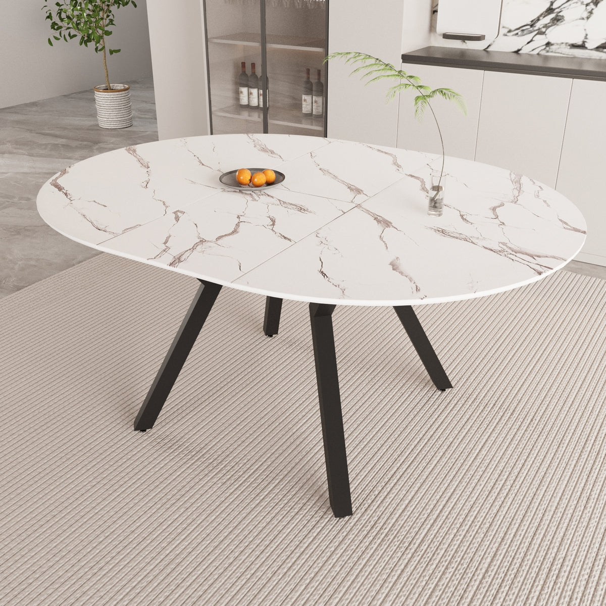 47-63 " extendable white circular dining table, 4-6 person kitchen dining table, modern coffee table with MDF tabletop and metal legs, suitable for kitchen&home