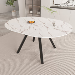 47-63 " extendable white circular dining table, 4-6 person kitchen dining table, modern coffee table with MDF tabletop and metal legs, suitable for kitchen&home