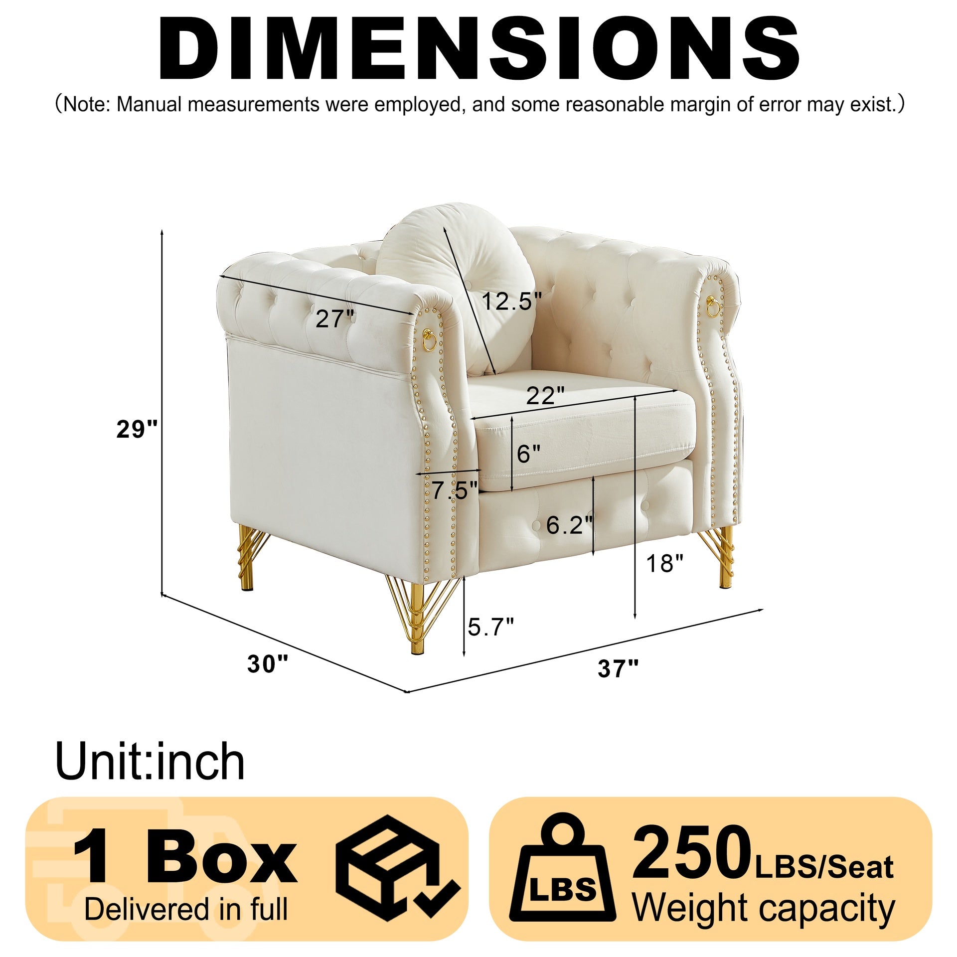 Velvet Chesterfield sofa with round pillows, featuring copper stud detailing and tufted button accents, with metal legs. Loop design allows for hanging cartoon ornaments.