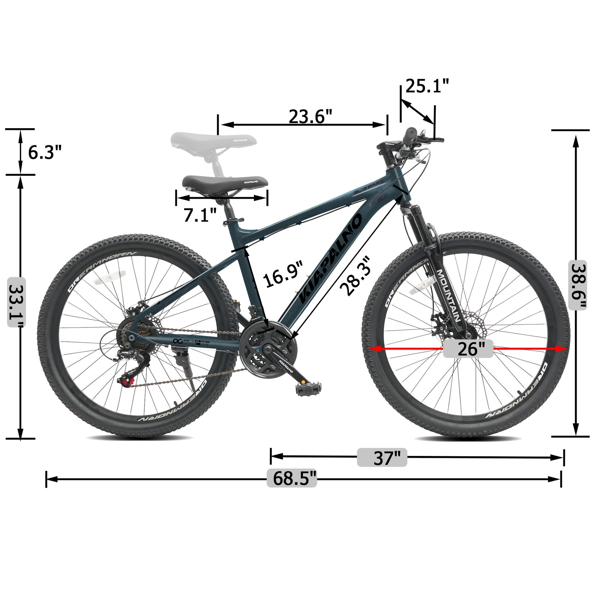 A26317 KIAPALNO 26 Inch All-Terrain Mountain Bike with Disc Brakes 21-Speed Drivetrain & Durable Carbon Steel Frame Ideal for Men and Women, Perfect for Trail Riding and Touring