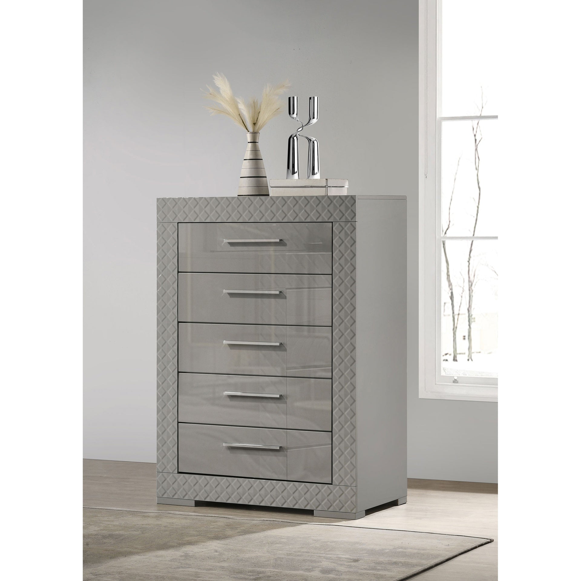 Pierce Grey High Gloss 5-drawer Bedroom Chest