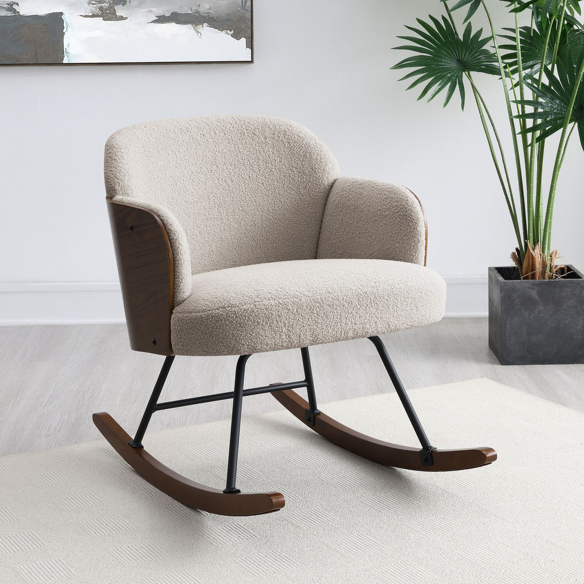 Valera Beige Boucle Upholstered Mid Back Rocking Chair