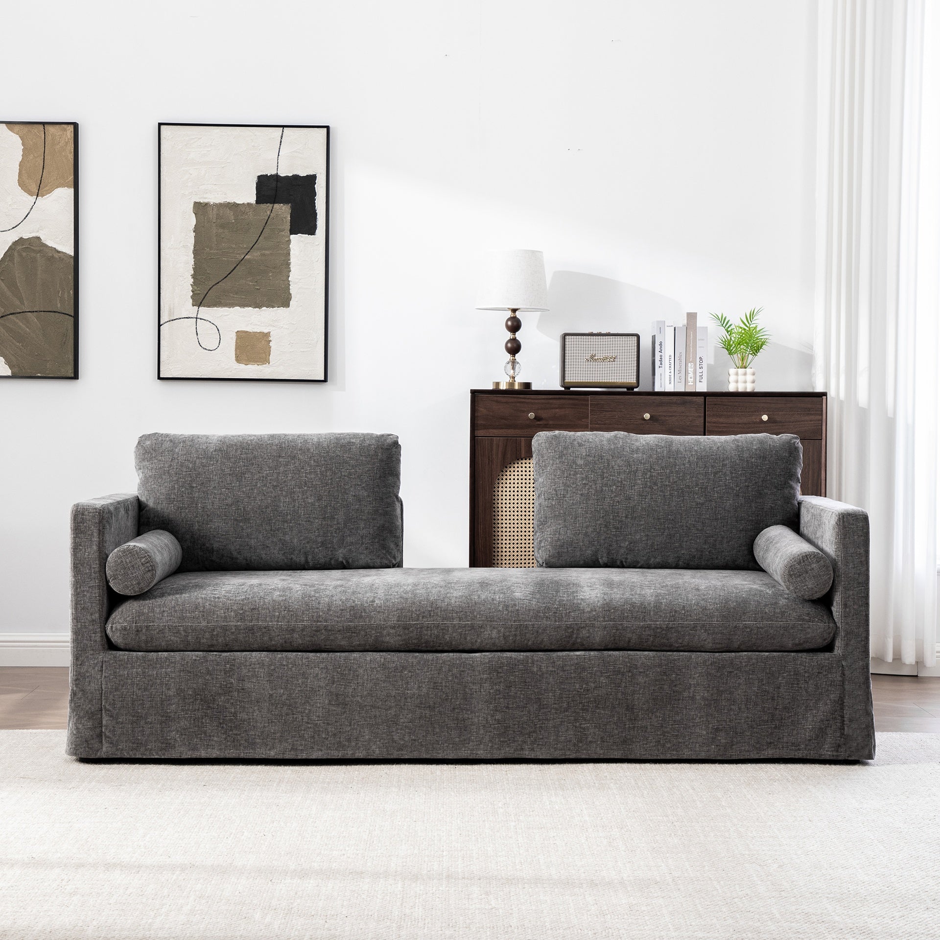 82.68" Wide Extra-large Double-seater Sofa, Chenille Upholstered, With Two Armrest Pillows And Two Backrest Pillows, Suitable For Bedrooms, Living Rooms, And Window Seating.Gray