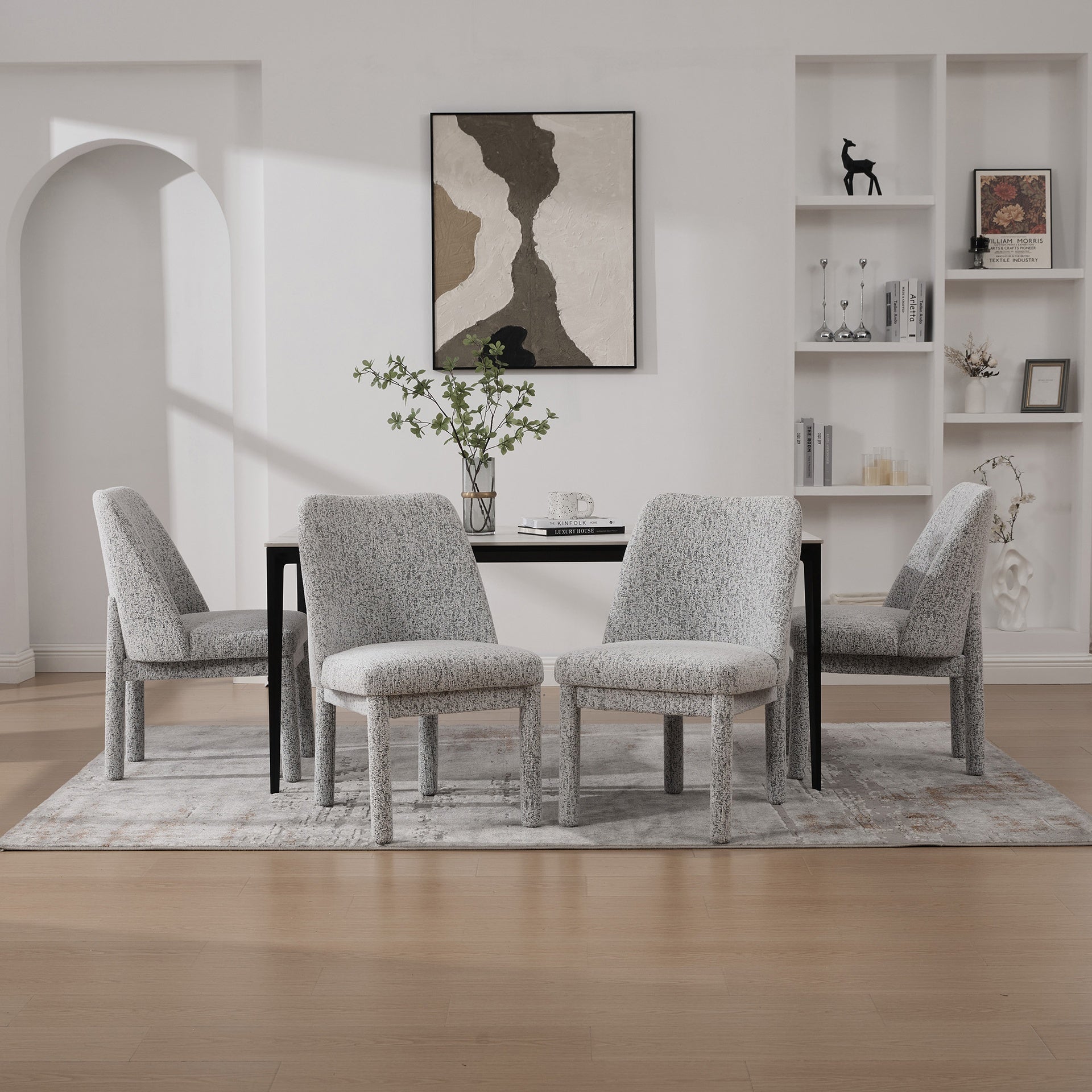 21.46" Wide Modern Minimalist Dining Chair Set Of 4, Chenille Upholstered, Rubberwood Legs, High Curved Backrest, Suitable For Dining Room, Kitchen, Living Room, Bedroom, Apartment, White/Black