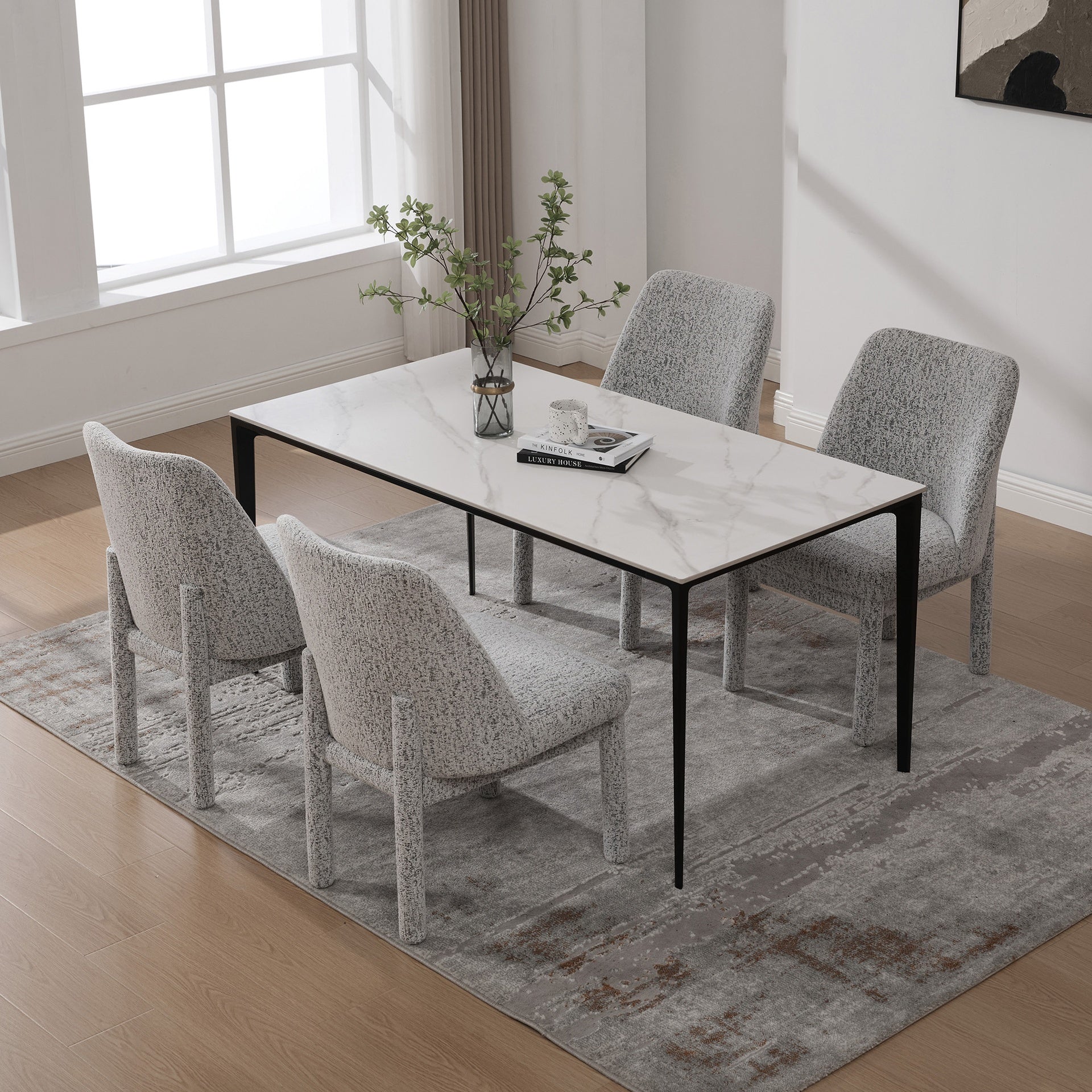 21.46" Wide Modern Minimalist Dining Chair Set Of 4, Chenille Upholstered, Rubberwood Legs, High Curved Backrest, Suitable For Dining Room, Kitchen, Living Room, Bedroom, Apartment, White/Black