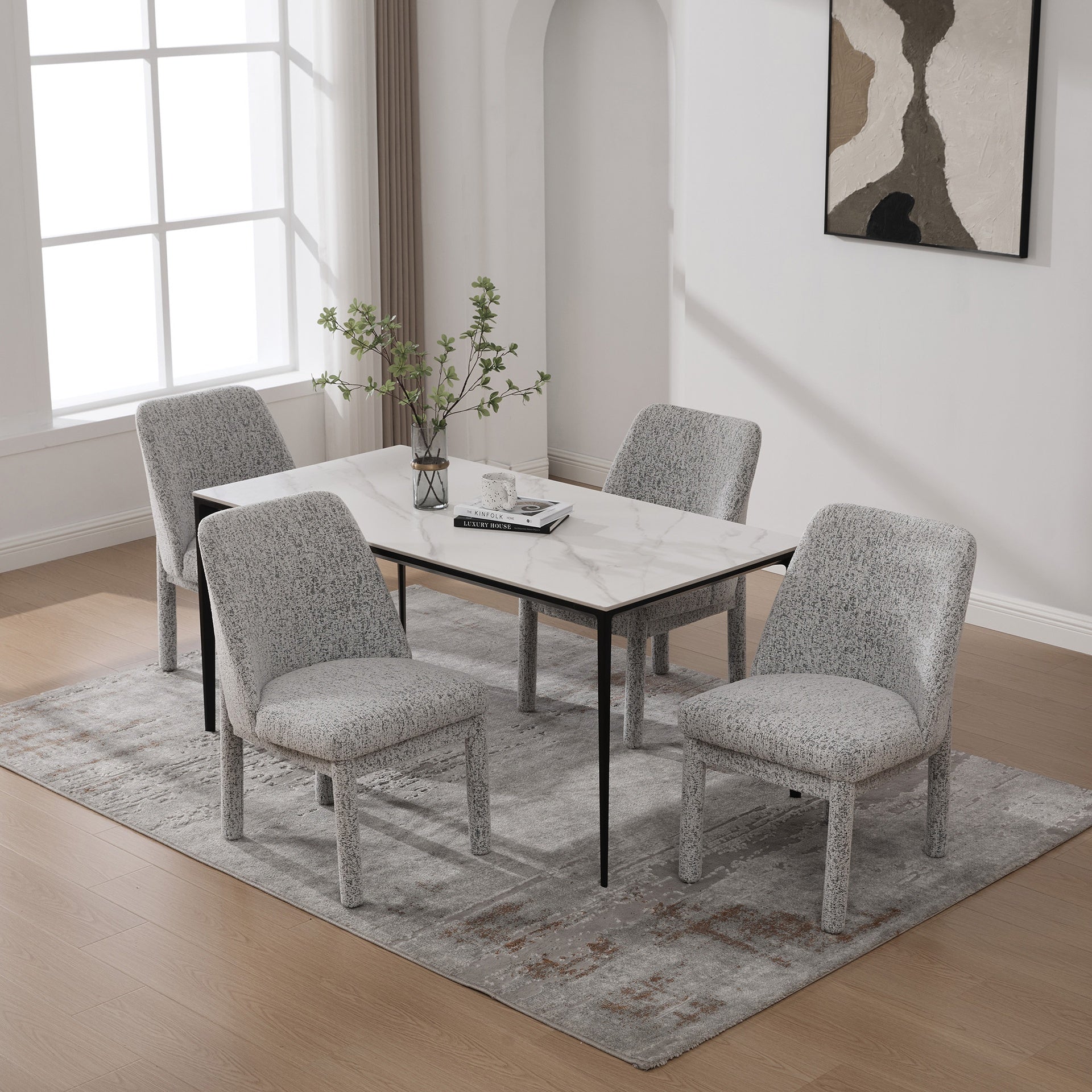 21.46" Wide Modern Minimalist Dining Chair Set Of 4, Chenille Upholstered, Rubberwood Legs, High Curved Backrest, Suitable For Dining Room, Kitchen, Living Room, Bedroom, Apartment, White/Black