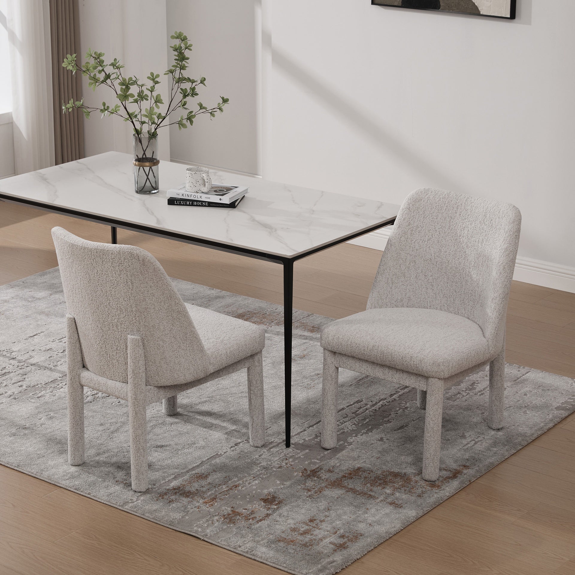 21.46" Wide Modern Minimalist Dining Chair Set Of Two, Chenille Upholstered, Rubberwood Legs, High Curved Backrest, Suitable For Dining Room, Kitchen, Living Room, Bedroom, Apartment,BEIGE