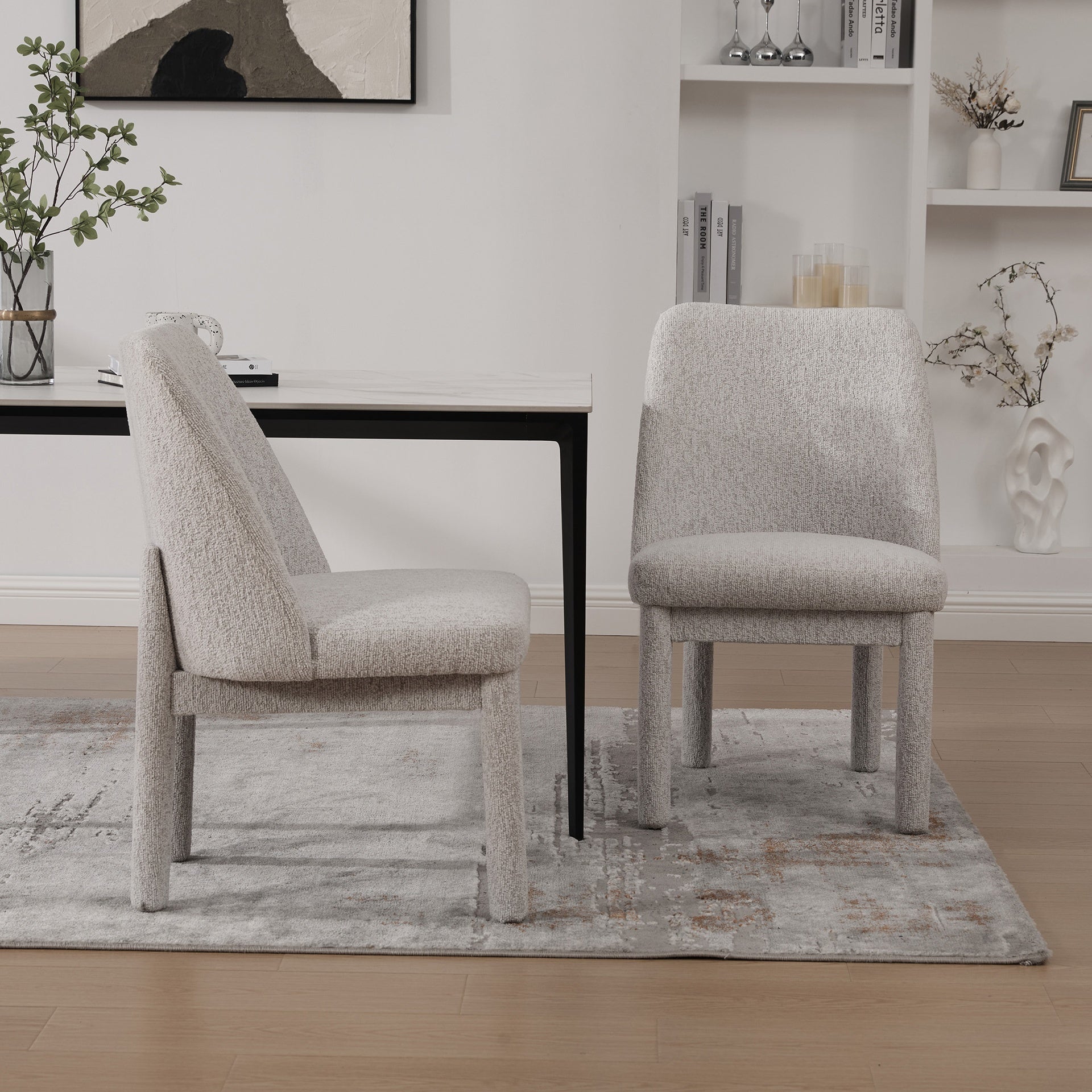 21.46" Wide Modern Minimalist Dining Chair Set Of Two, Chenille Upholstered, Rubberwood Legs, High Curved Backrest, Suitable For Dining Room, Kitchen, Living Room, Bedroom, Apartment,BEIGE