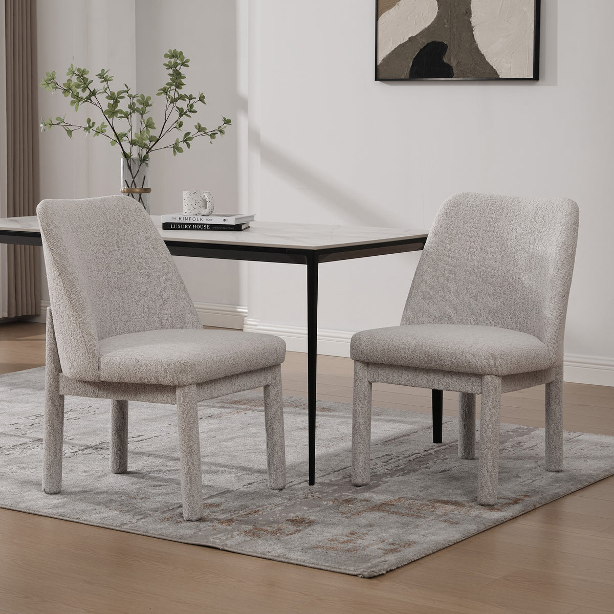 21.46" Wide Modern Minimalist Dining Chair Set Of Two, Chenille Upholstered, Rubberwood Legs, High Curved Backrest, Suitable For Dining Room, Kitchen, Living Room, Bedroom, Apartment,BEIGE