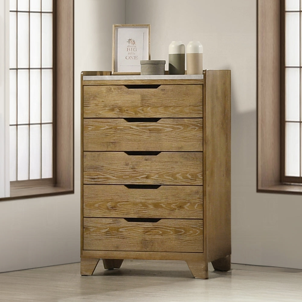 Transitional Brown Finish Bedroom Storage Chest With 5x Drawer Solid Rubberwood Furniture 1pc