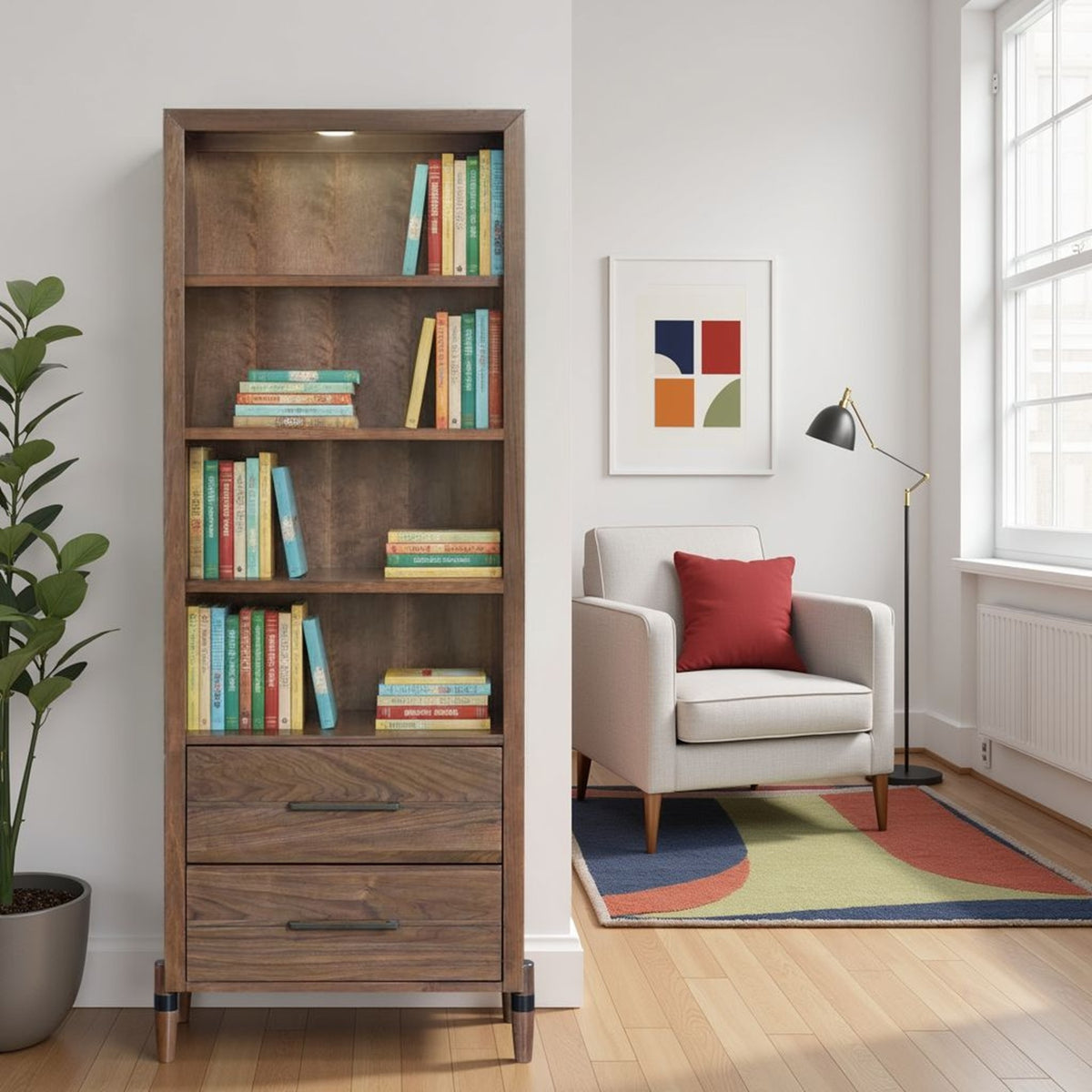 Tranquility Bookcase Pier, Minimal Assembly Required, Walnut Finish