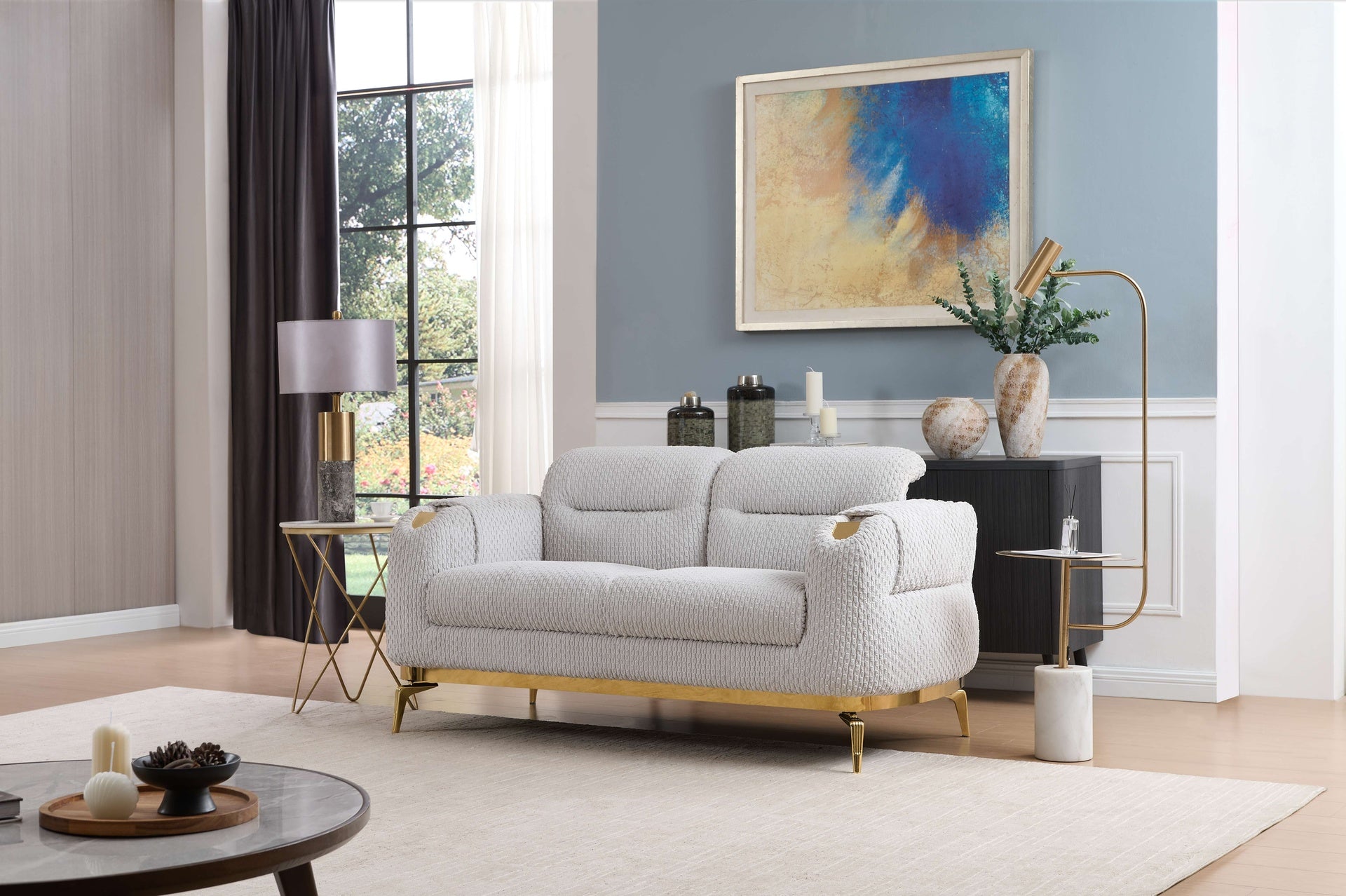 Zoe Modern style 2PC Living room set (Sofa + Loveseat) made with wood and Gold accents in Gray (CA Warehouse Inventory)